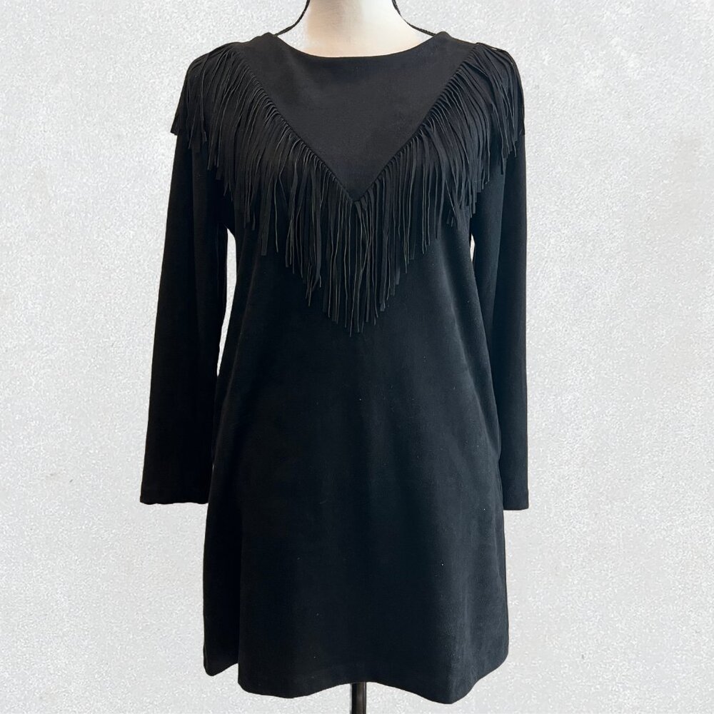 Molly Bracken Black Faux Suede Fringe Boho Dress Size S